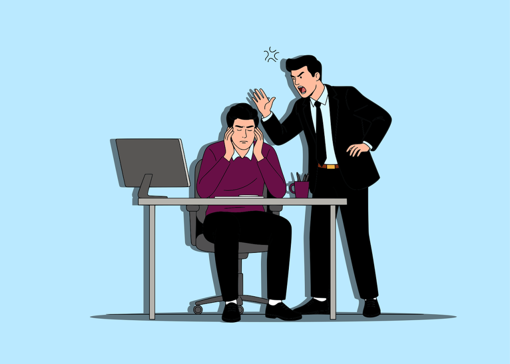 Arbeitsplatz, Stress, Konflikt, Schreien, Mobbing, Chef, Mitarbeiter, wütend, frustriert, Druck, professionell, Büro, Schreibtisch, negativ, Problem, Management, müde, überarbeitet, Belästigung